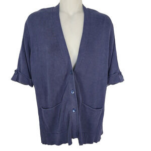 Coldwater Creek Women's Cardigan Medium 10-12 Elbow Tab Sleeve Blue Silk Cotton
